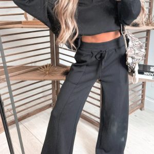 Bristol Black Collared V Neck Pullover Sweatshirt Sweatpants Set