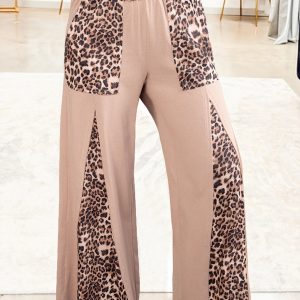 Straw Yellow Mineral Wash Leopard Patchwork Wide Leg Pants