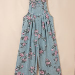 Beau Blue Floral Print Pleated High Waist Wide Leg Denim Jumpsuit