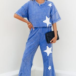 Ashleigh Blue Acid Wash Star Patched Rolled Trim Pants Set