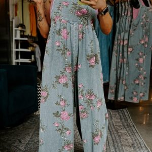Beau Blue Floral Print Pleated High Waist Wide Leg Denim Jumpsuit
