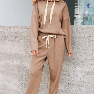 Casual Lace Drawstring Pullover Hoodie and High Waist Pants Corduroy Suit