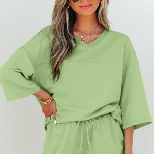Meadow Mist Green Solid Loose V Neck Half Sleeve Tee and Shorts