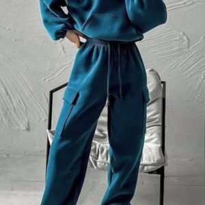 Peacock Blue Cozy Hooded Sweatshirt Drawstring Elastic Waistband Cargo Pant Set