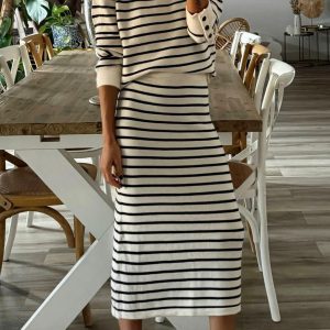 Black Stripe Ribbed Trim Button Cuff Long Sleeve Top Midi Skirt 2pcs Outfit