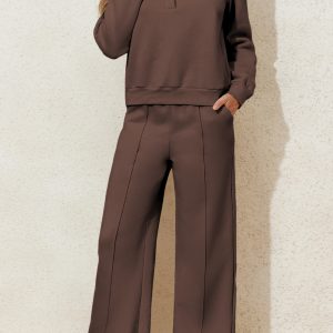 Home 2 Dark Brown Solid Collared Sweatshirt and High Waist Pants Active Set