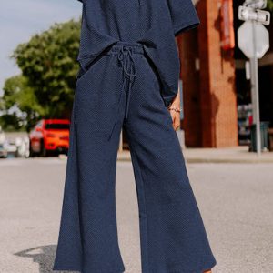 Navy Blue Textured Loose Fit T Shirt and Drawstring Pants Set