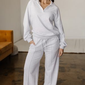 Light Grey Polo Collar V Neck Pullover and Drawstring Sweatpants Set