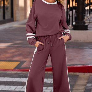 Mineral Red Varsity Stripe Patchwork Puff Sleeve Pullover Drawstring Wide Leg Pant Set