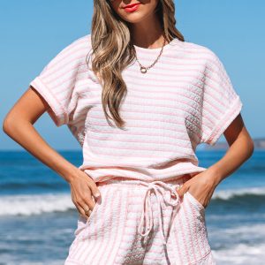 Pink Stripe Knitted Short Sleeve Top and Drawstring Shorts Set