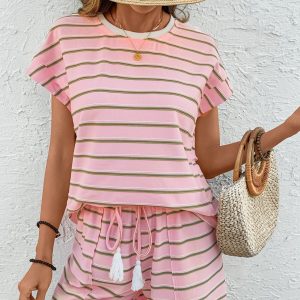 Pink Stripe Wide Short Sleeve Tee and Short Set