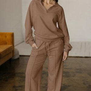 Dark Khaki Polo Collar V Neck Pullover and Drawstring Sweatpants Set