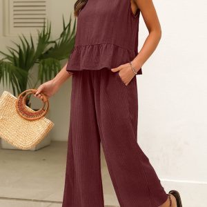 Red Dahlia Solid Color Ribbed Ruffle Tank Top and Pants Set