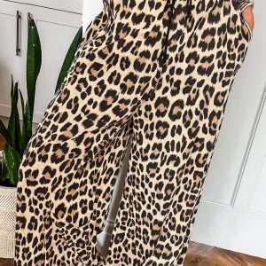 Parchment Leopard Drawstring Elastic Waistband Flowy Wide Leg Pants
