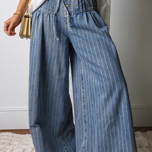 Sky Blue Stripe Button Pleated Drawstring Waist Casual Wide Leg Jeans
