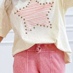 Beige Star Print Stud Detail Cotton Jersey Top