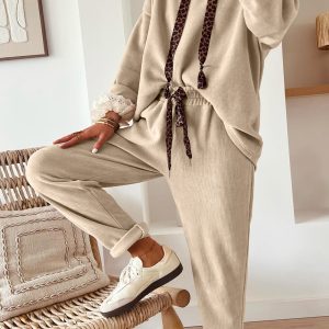 Parchment Leopard Drawstring Pullover Hoodie and High Waist Pants Corduroy Suit