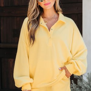 Yellow Cream Button Collar Drop Shoulder Pullover and Shorts 2pcs Outfit