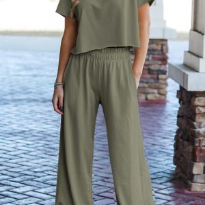 Seagrass Raw Hem Loose Tee and Wide Leg Pants Set