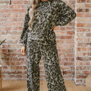Gray Leopard Print Raw Seam Patchwork Pullover Drawstring Loose Pant Set