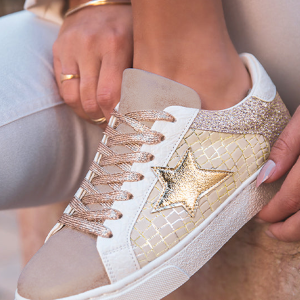 Dearlove Gold Glitter Star Patchwork PU Leather Lace-up Sneakers