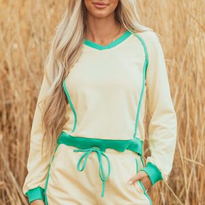 White Contrast Trim Colorblock Long Sleeve Pullover and Drawstring Shorts 2pcs Outfit