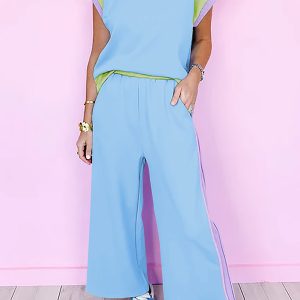 Sky Blue Color Block Detail Casual Two-piece Outfit