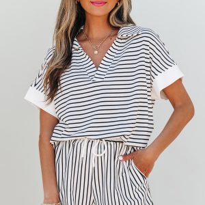 Black Stripe V Neck Tee and Casual Short Set