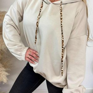 Jet Stream Leopard Contrast Drawstring Hood Drop Shoulder Loose Top