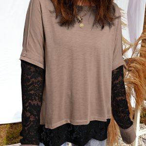 Light French Beige Sheer Lace Patchwork Casual Long Sleeve Tee